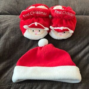 Gently used “First Christmas” Santa Slippers & Hat - Infant, 1-2 years